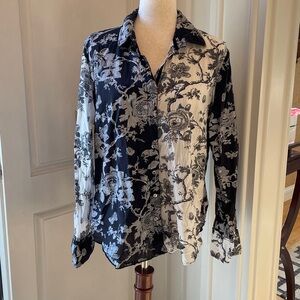 Cina Floral Black and White Button-Up Crinkle Blouse